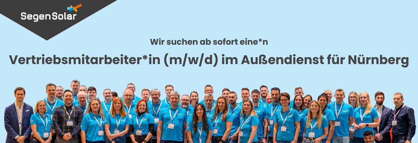 Vertriebsmitarbeiter*in (m/w/d) im Außendienst für Nürnberg Vertriebsmitarbeiter*in (m/w/d) im Außendienst für Nürnberg - Job Remote work - Ihre Karriere bei SegenSolar
