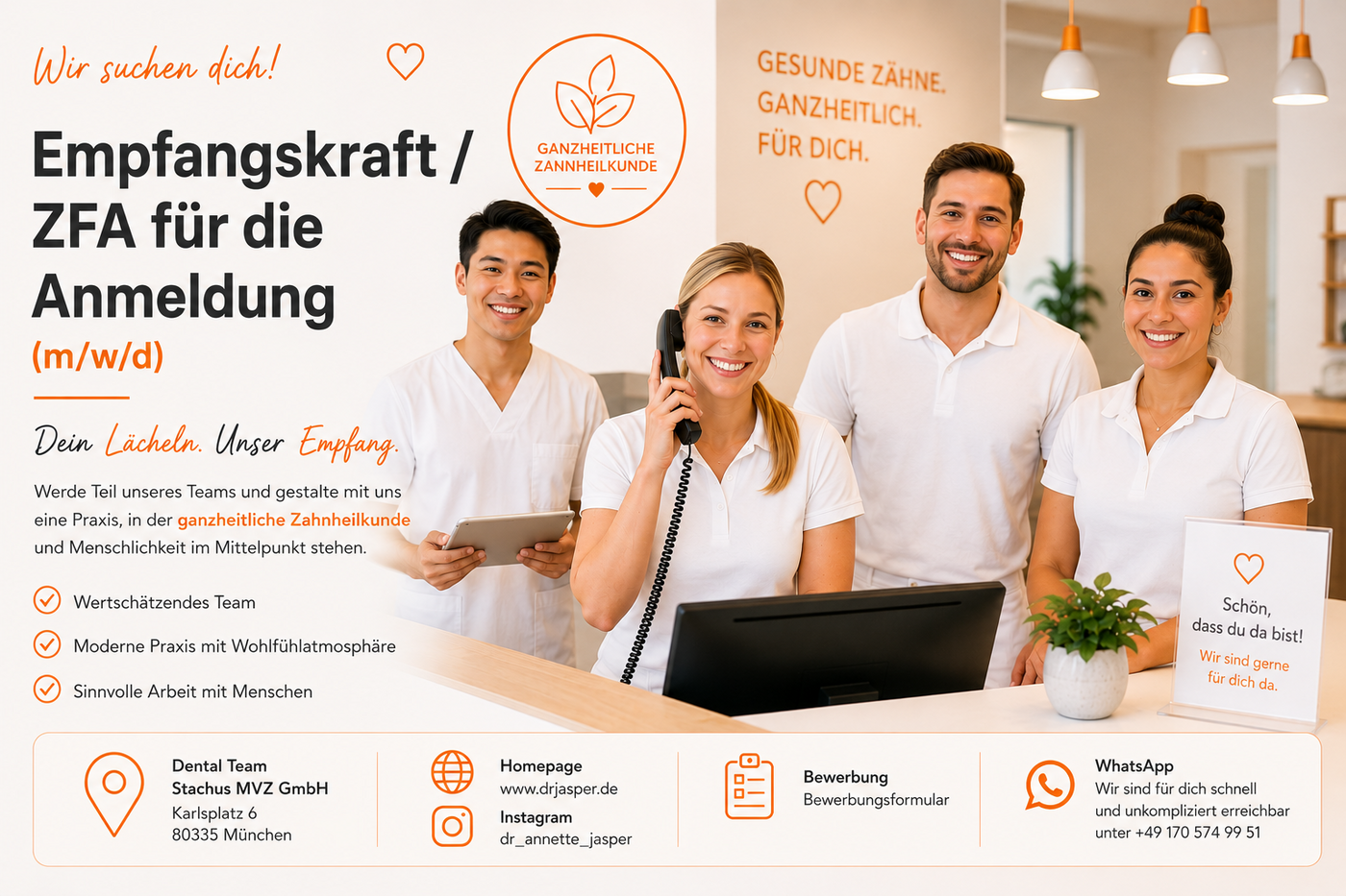 Wer am Empfang sitzt, prägt den ganzen Tag. Empfangskraft / ZFA (m/w/d) Teilzeit | München-Stachus - Job München - Team Dental